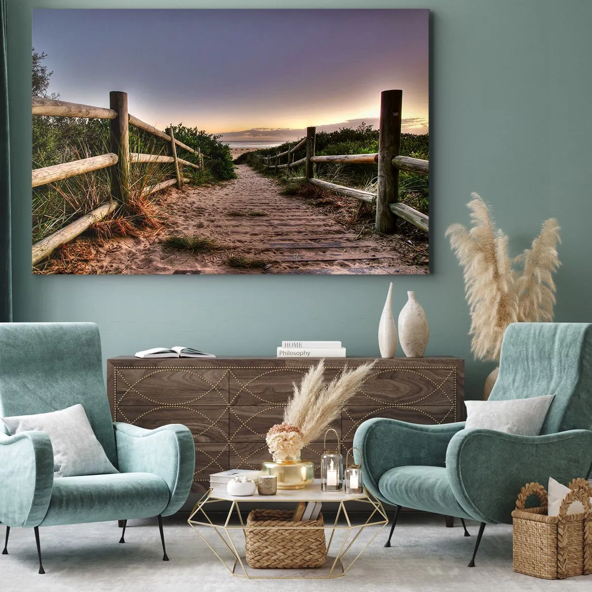 Cuadro sobre lienzo - Impresión de Imagen - Camino de madera en las dunas que conduce a la playa al atardecer - 70x50cm - Objetivo a la vista - Decoración de pared moderna para salón y dormitorio ARTTOR