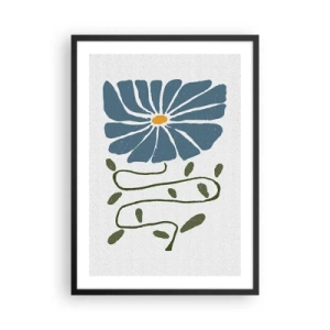 Póster en marco negro - Una flor azul con un tallo sinuoso sobre un fondo claro. - 50x70cm - De ramita a flor - Decoración de pared moderna para salón y dormitorio ARTTOR