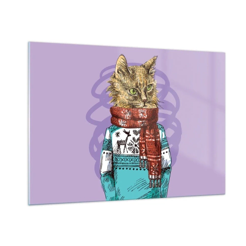 Cuadro sobre vidrio - Impresiones sobre Vidrio - Un gato con un suéter y una bufanda sobre un fondo morado. - 100x70cm - El gato no solo tenía botas - Decoración de pared moderna para salón y dormitorio ARTTOR