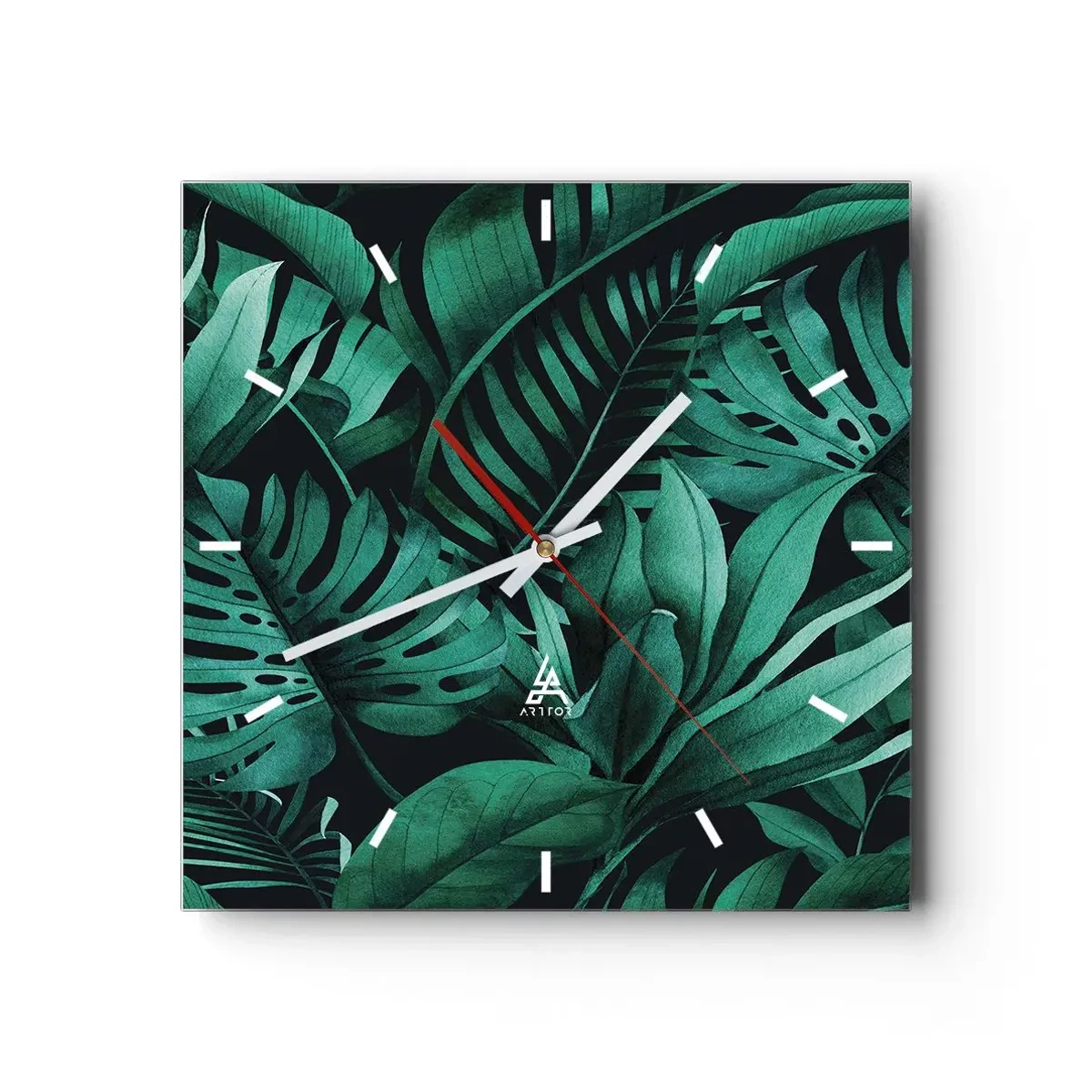 Reloj de pared - Reloj de vidrio - Hojas tropicales en tonos de verde intenso. - 30x30cm - Profundidad del verde tropical - Decoración de pared moderna para salón y dormitorio ARTTOR