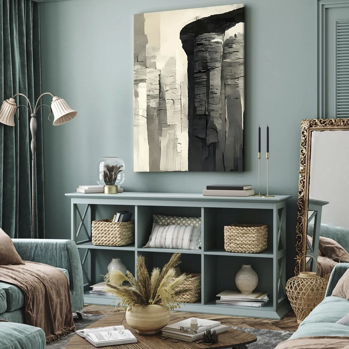 Cuadro sobre lienzo - Impresión de Imagen - Columnas históricas en un entorno monocromático atmosférico - 50x70cm - La majestuosidad de la antigüedad - Decoración de pared moderna para salón y dormitorio ARTTOR