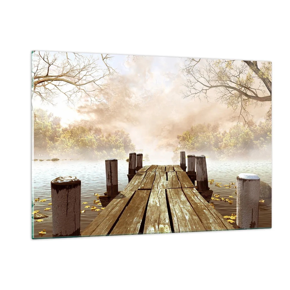 Cuadro sobre vidrio - Impresiones sobre Vidrio - Un embarcadero de madera sobre un lago tranquilo en la niebla. - 120x80cm - La leve tristeza del otoño - Decoración de pared moderna para salón y dormitorio ARTTOR