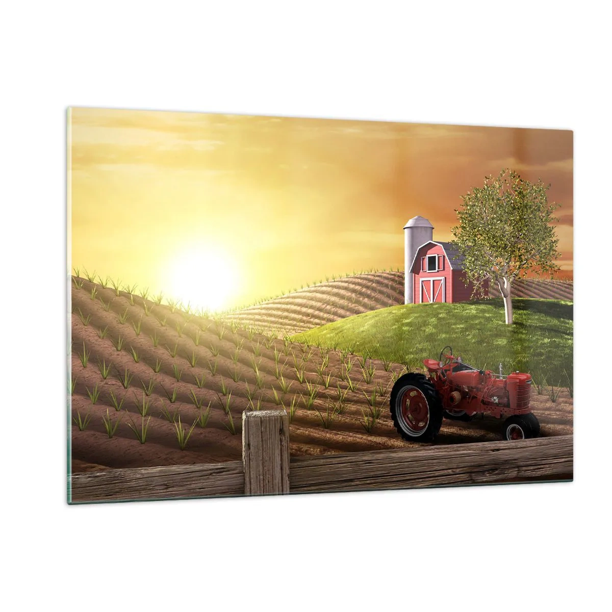 Cuadro sobre vidrio - Impresiones sobre Vidrio - Puesta de sol sobre una granja con un campo y un tractor - 120x80cm - Una granja como un cuento de hadas - Decoración de pared moderna para salón y dormitorio ARTTOR