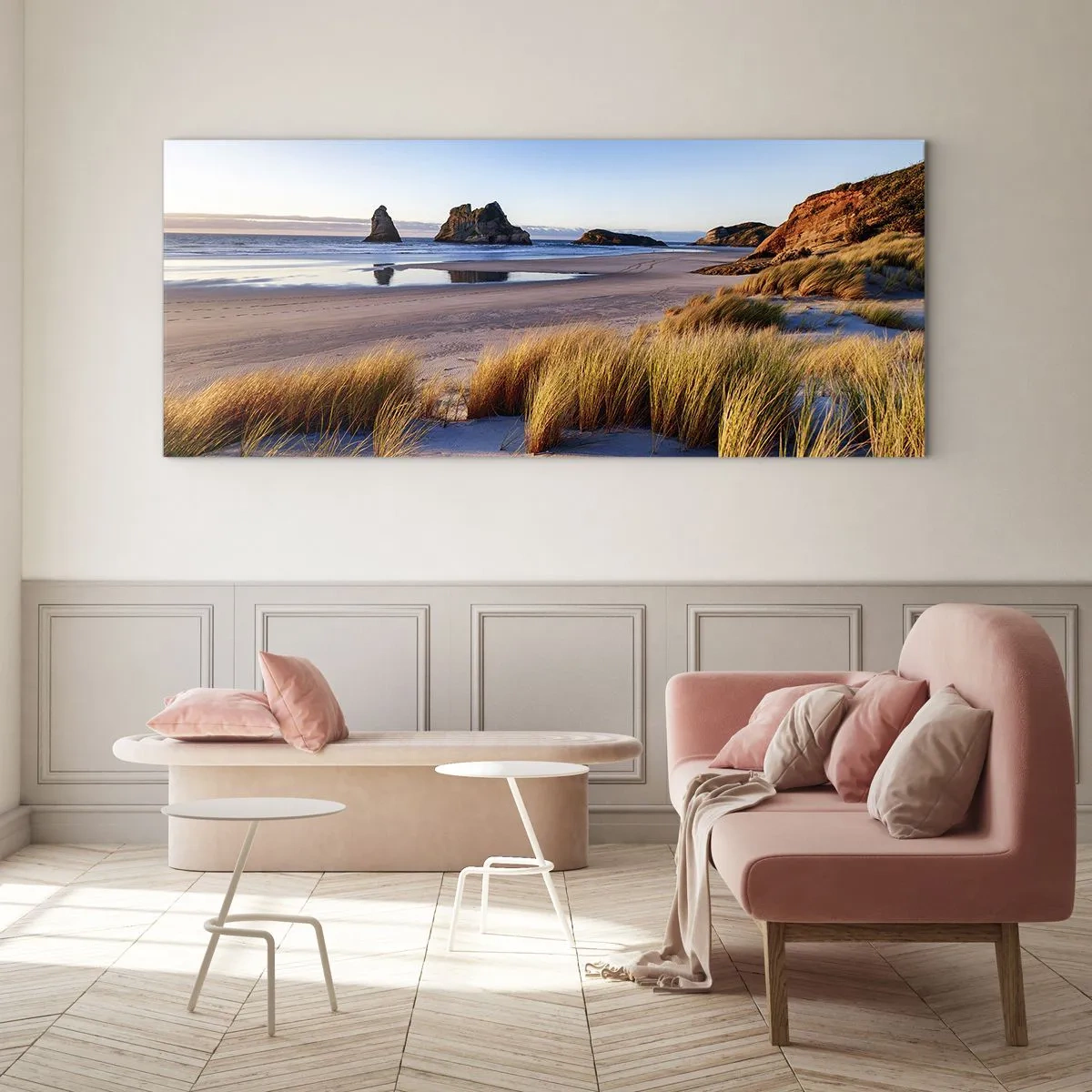 Cuadro sobre vidrio - Impresiones sobre Vidrio - Una playa pintoresca con vistas a las rocas y al mar al atardecer. - 140x50cm - Para buscadores de tranquilidad - Decoración de pared moderna para salón y dormitorio ARTTOR