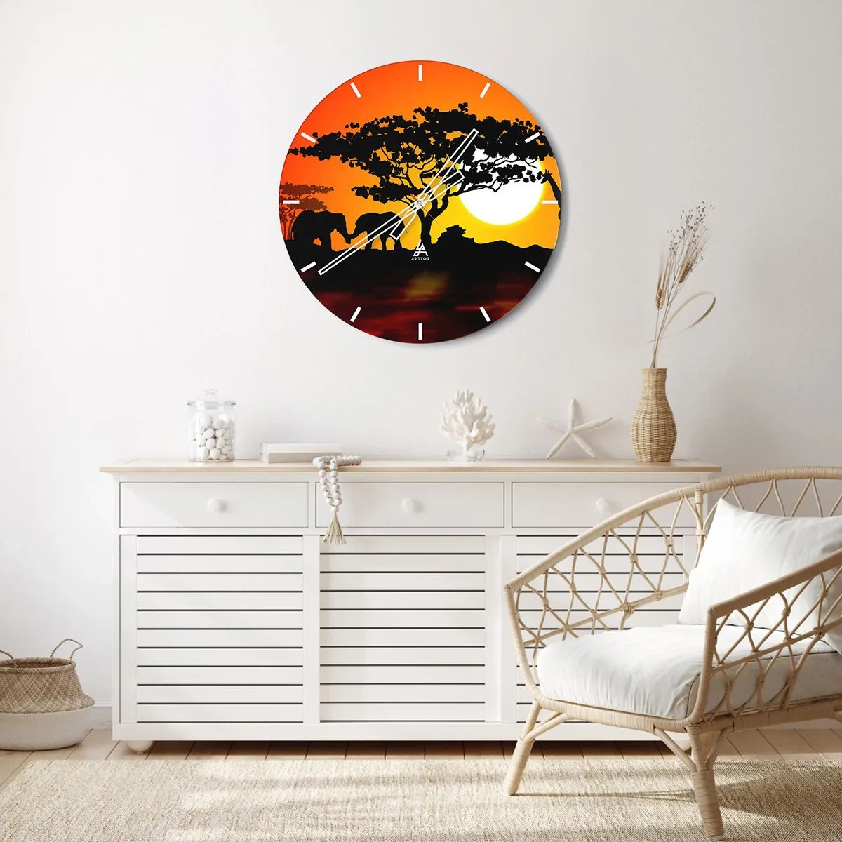 Reloj de pared - Reloj de vidrio - Paisaje africano con siluetas de árboles y animales al atardecer. - 30x30cm - Reunión en la sabana - Decoración de pared moderna para salón, cocina y dormitorio ARTTOR