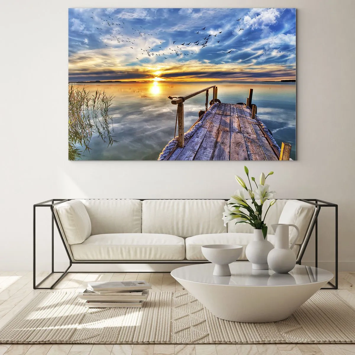 Cuadro sobre vidrio - Impresiones sobre Vidrio - Muelle junto al lago al atardecer con pájaros en el cielo - 70x50cm - El viento se va a descansar - Decoración de pared moderna para salón y dormitorio ARTTOR