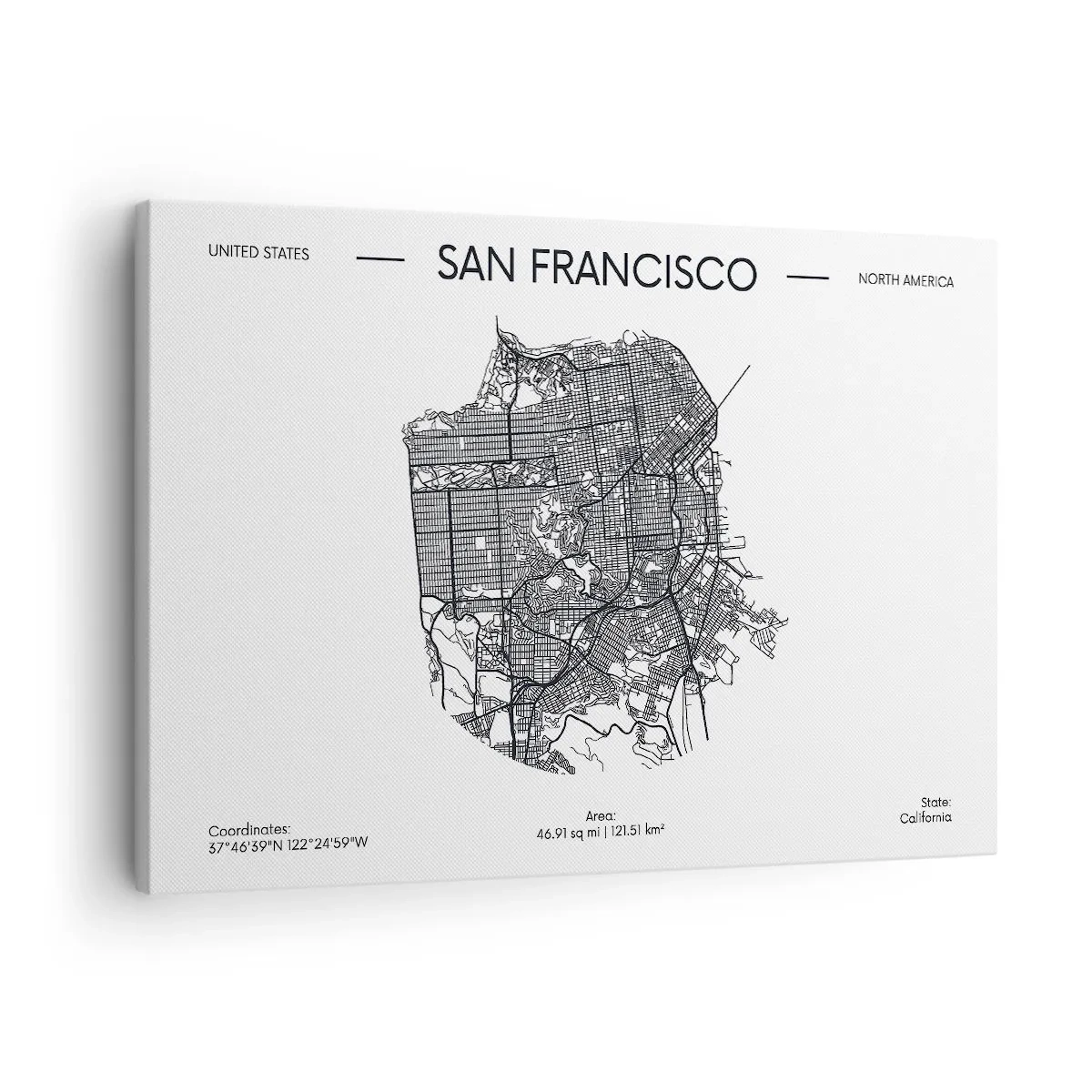 Cuadro sobre lienzo - Impresión de Imagen - Un mapa de San Francisco en un estilo minimalista en blanco y negro. - 70x50cm - Anatomía de San Francisco - Decoración de pared moderna para salón y dormitorio ARTTOR