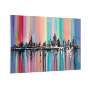 Cuadro sobre vidrio - Impresiones sobre Vidrio - Panorama abstracto de la ciudad con un fondo multicolor - 100x70cm - Flota con la luz de la noche - Decoración de pared moderna para salón y dormitorio ARTTOR