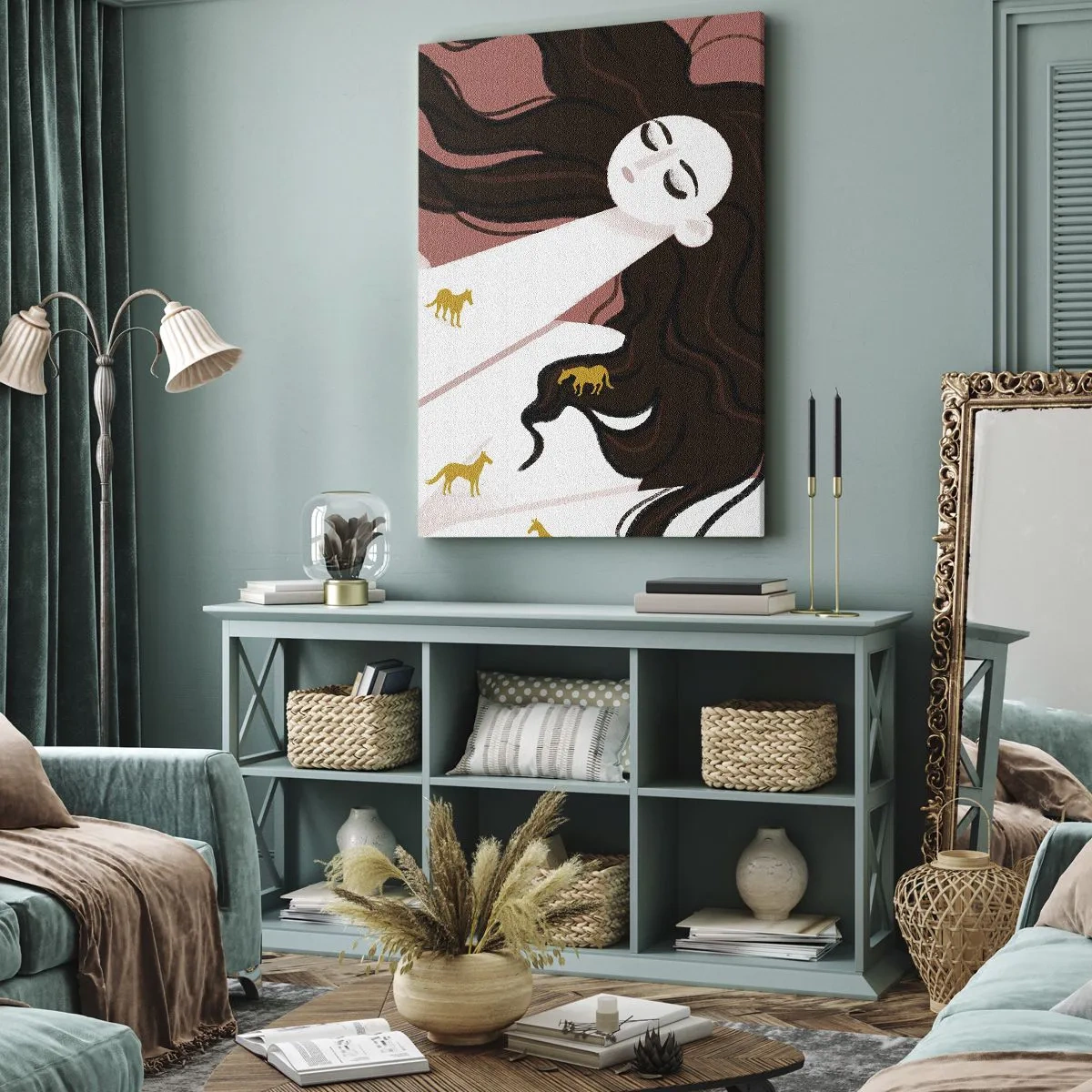 Cuadro sobre lienzo - Impresión de Imagen - Una figura con los ojos cerrados rodeada de caballos dorados. - 80x120cm - Sueño de caballos dorados - Decoración de pared moderna para salón y dormitorio ARTTOR