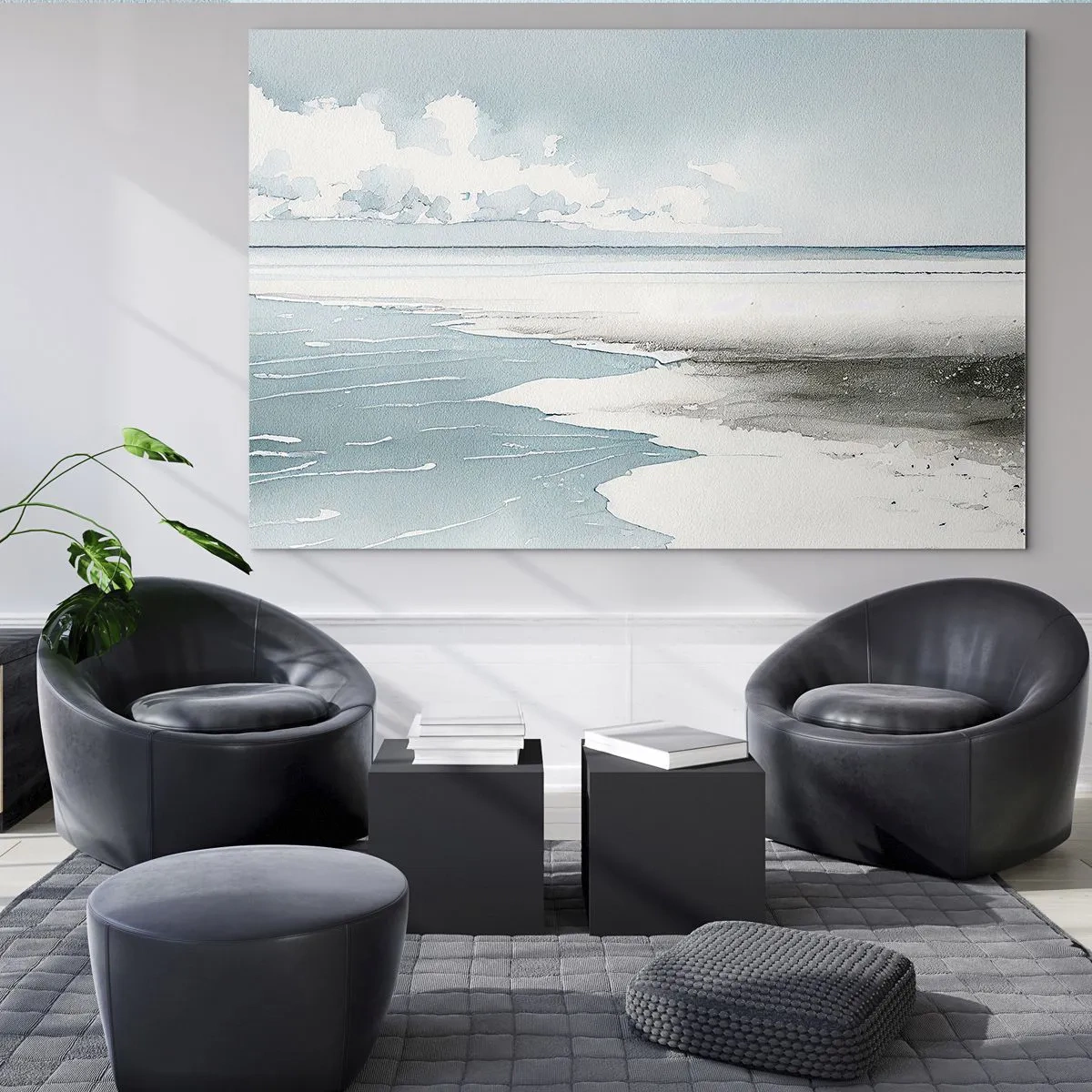 Cuadro sobre vidrio - Impresiones sobre Vidrio - Un paisaje marino tranquilo en estilo acuarela en tonos azules. - 70x50cm - Suave marea otoñal - Decoración de pared moderna para salón y dormitorio ARTTOR