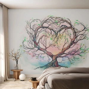 Fotomural Premium Sand - Árbol en forma de corazón de acuarela - 100x70cm - Juntos contra los vientos - Decoración de pared moderna para salón y dormitorio ARTTOR