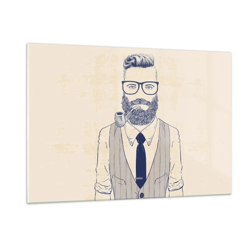 Cuadro sobre vidrio - Impresiones sobre Vidrio - Un hombre estilizado con barba, gafas y pipa sobre un fondo claro. - 120x80cm - Alegre, masculino y a la moda - Decoración de pared moderna para salón y dormitorio ARTTOR