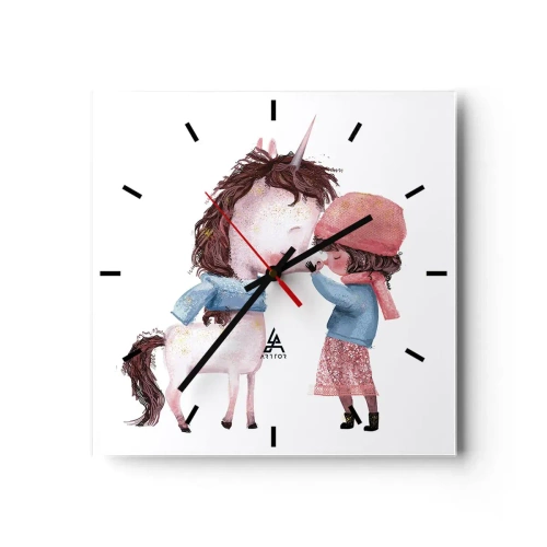 Reloj de pared - Reloj de vidrio - Una niña y un unicornio en un paisaje invernal. - 30x30cm - Un cuento de invierno - Decoración de pared moderna para salón y dormitorio ARTTOR