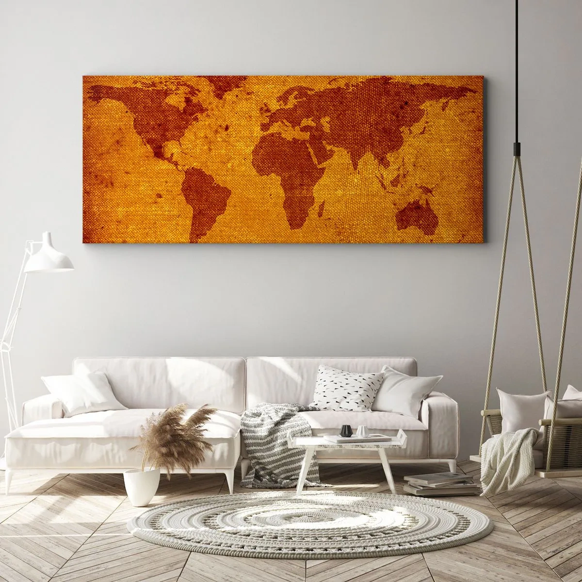 Cuadro sobre lienzo - Impresión de Imagen - Mapa del mundo vintage sobre fondo marrón y dorado. - 120x50cm - Invitación a un viaje - Decoración de pared moderna para salón y dormitorio ARTTOR