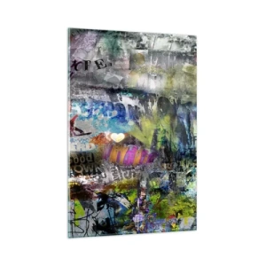 Cuadro sobre vidrio - Impresiones sobre Vidrio - Collage abstracto con texto y varios colores. - 80x120cm - Un collage de recuerdos - Decoración de pared moderna para salón y dormitorio ARTTOR