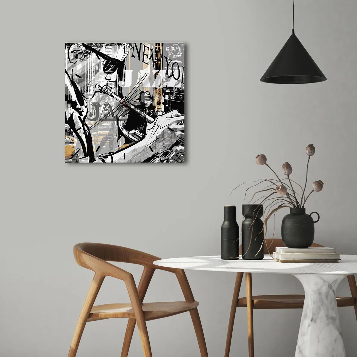 Reloj de pared - Reloj de vidrio - Escena de jazz de Nueva York - 30x30cm - Al ritmo de Nueva York - Decoración de pared moderna para salón y dormitorio ARTTOR
