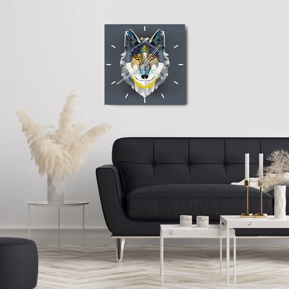 Reloj de pared - Reloj de vidrio - Imagen geométrica de un lobo sobre un fondo gris. - 30x30cm - Habla del lobo si lo ves - Decoración de pared moderna para salón y dormitorio ARTTOR
