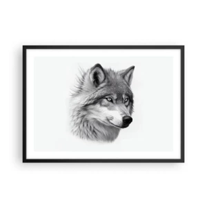 Póster en marco negro - Un retrato realista de un lobo en tonos de gris. - 70x50cm - Alfa - sin duda - Decoración de pared moderna para salón y dormitorio ARTTOR