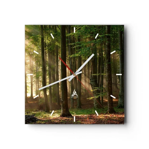 Reloj de pared - Reloj de vidrio - Los rayos del sol penetran a través de los árboles en el bosque. - 30x30cm - Radiante en una mañana de primavera - Decoración de pared moderna para salón y dormitorio ARTTOR