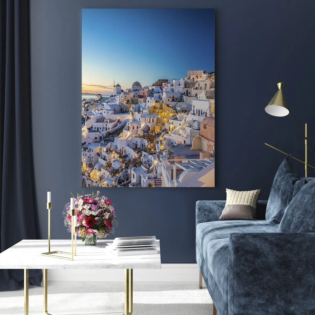 Cuadro sobre vidrio - Impresiones sobre Vidrio - Vista de una ciudad griega al atardecer - 70x100cm - La esencia de lo griego - Decoración de pared moderna para salón y dormitorio ARTTOR
