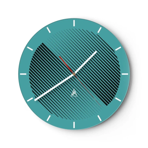 Reloj de pared - Reloj de vidrio - Fondo turquesa con líneas diagonales negras en disposición geométrica. - 30x30cm - El círculo: una variación geométrica - Decoración de pared moderna para salón, cocina y dormitorio ARTTOR