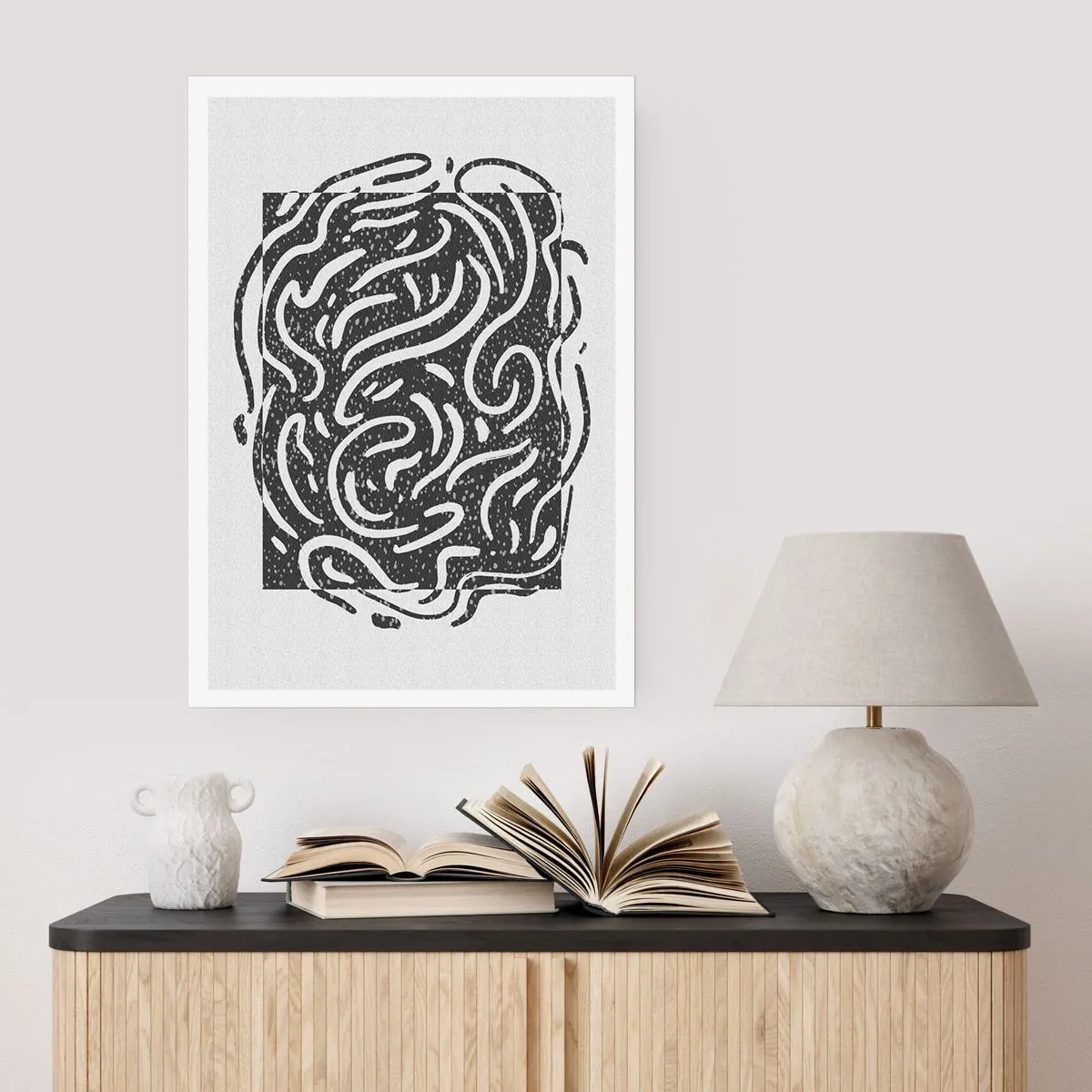 Póster - Composición abstracta con líneas y formas dinámicas en blanco y negro. - 50x70cm - Abstracción: una danza de alegría - Decoración de pared moderna para salón y dormitorio ARTTOR