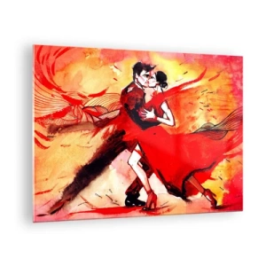 Cuadro sobre vidrio - Impresiones sobre Vidrio - Una pareja bailando en una composición roja dinámica. - 70x50cm - Ritmo púrpura de la pasión - Decoración de pared moderna para salón y dormitorio ARTTOR