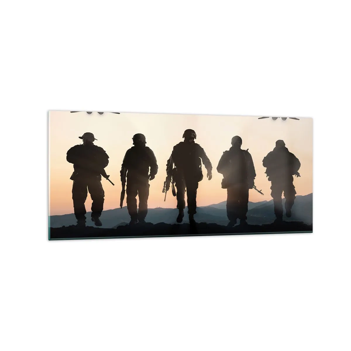 Cuadro sobre vidrio - Impresiones sobre Vidrio - Siluetas de soldados y aviones de combate contra el fondo del atardecer. - 120x50cm - Bienvenido a nuestro mundo - Decoración de pared moderna para salón y dormitorio ARTTOR