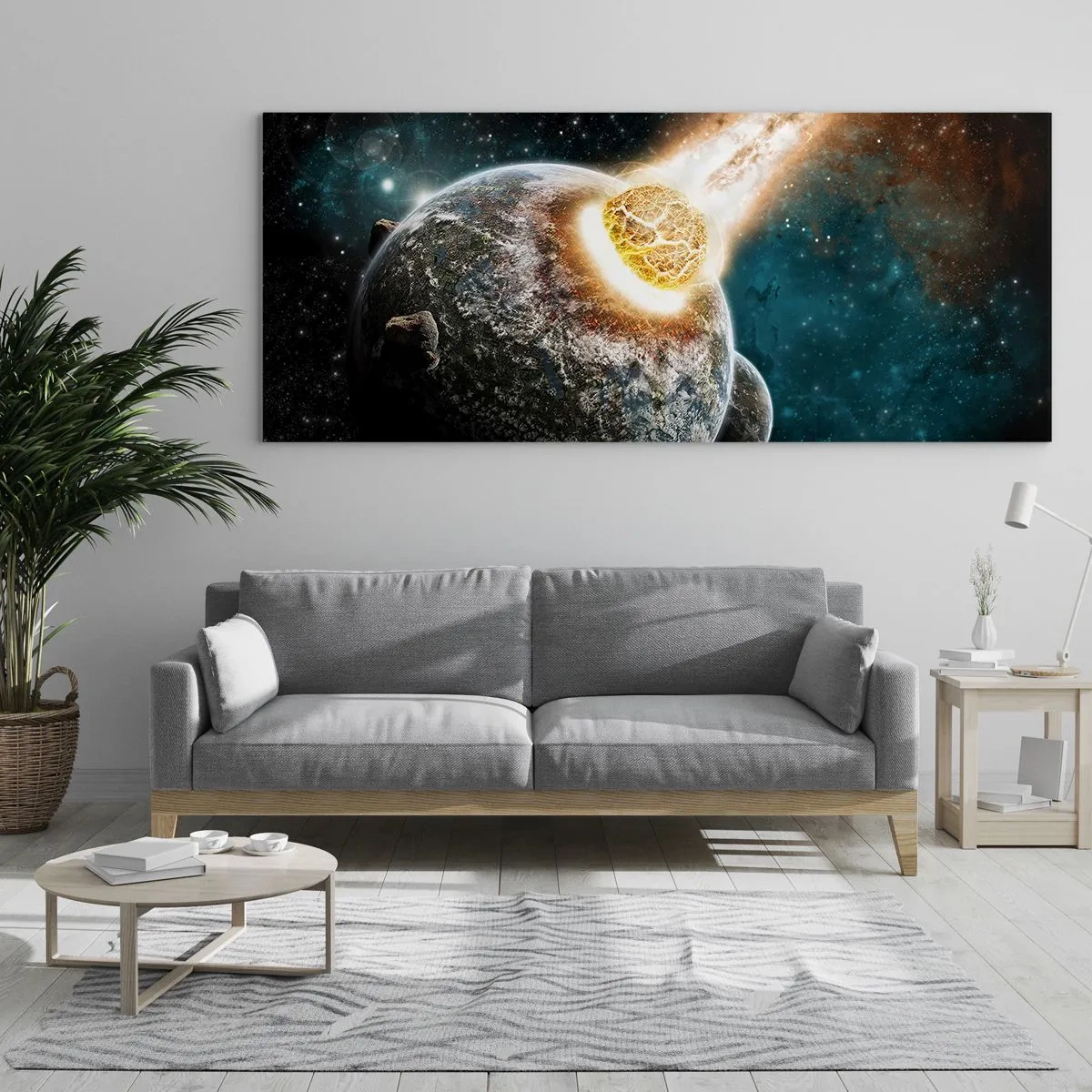 Cuadro sobre vidrio - Impresiones sobre Vidrio - Colisión cósmica de un planeta con un asteroide en las proximidades de la galaxia. - 140x50cm - ¿Condena o nacimiento? - Decoración de pared moderna para salón y dormitorio ARTTOR