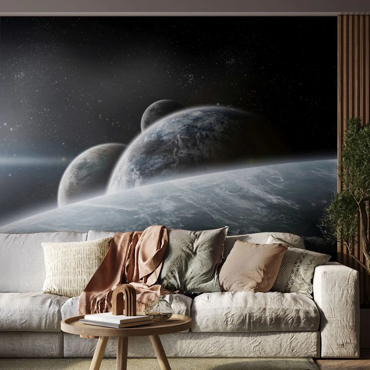 Fotomural Premium Sand - Un paisaje espacial con varios planetas sobre un fondo de estrellas. - 100x70cm - Música cósmica de las esferas - Decoración de pared moderna para salón y dormitorio ARTTOR