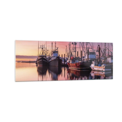 Cuadro sobre vidrio - Impresiones sobre Vidrio - Barcos de pesca en el puerto al atardecer - 140x50cm - Descanso antes de partir - Decoración de pared moderna para salón y dormitorio ARTTOR