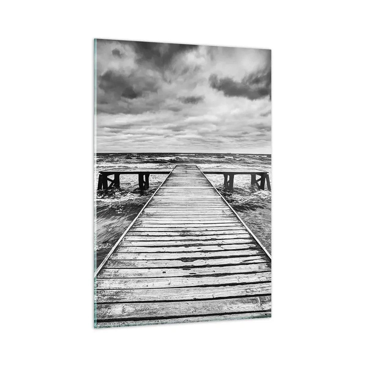 Cuadro sobre vidrio - Impresiones sobre Vidrio - Una vista en blanco y negro de un embarcadero de madera sobre un mar tempestuoso. - 80x120cm - Estoy esperando que sople el viento... - Decoración de pared moderna para salón y dormitorio ARTTOR