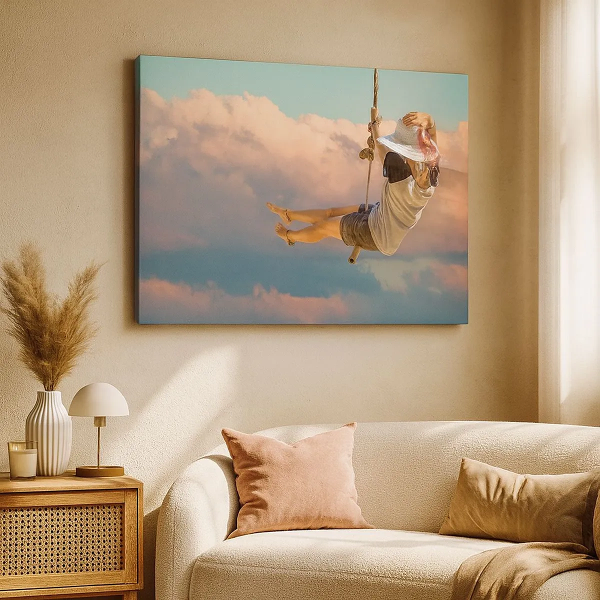 Cuadro sobre lienzo - Impresión de Imagen - Mujer en un columpio entre nubes rosas - 70x50cm - Jugando en las nubes - Decoración de pared moderna para salón y dormitorio ARTTOR