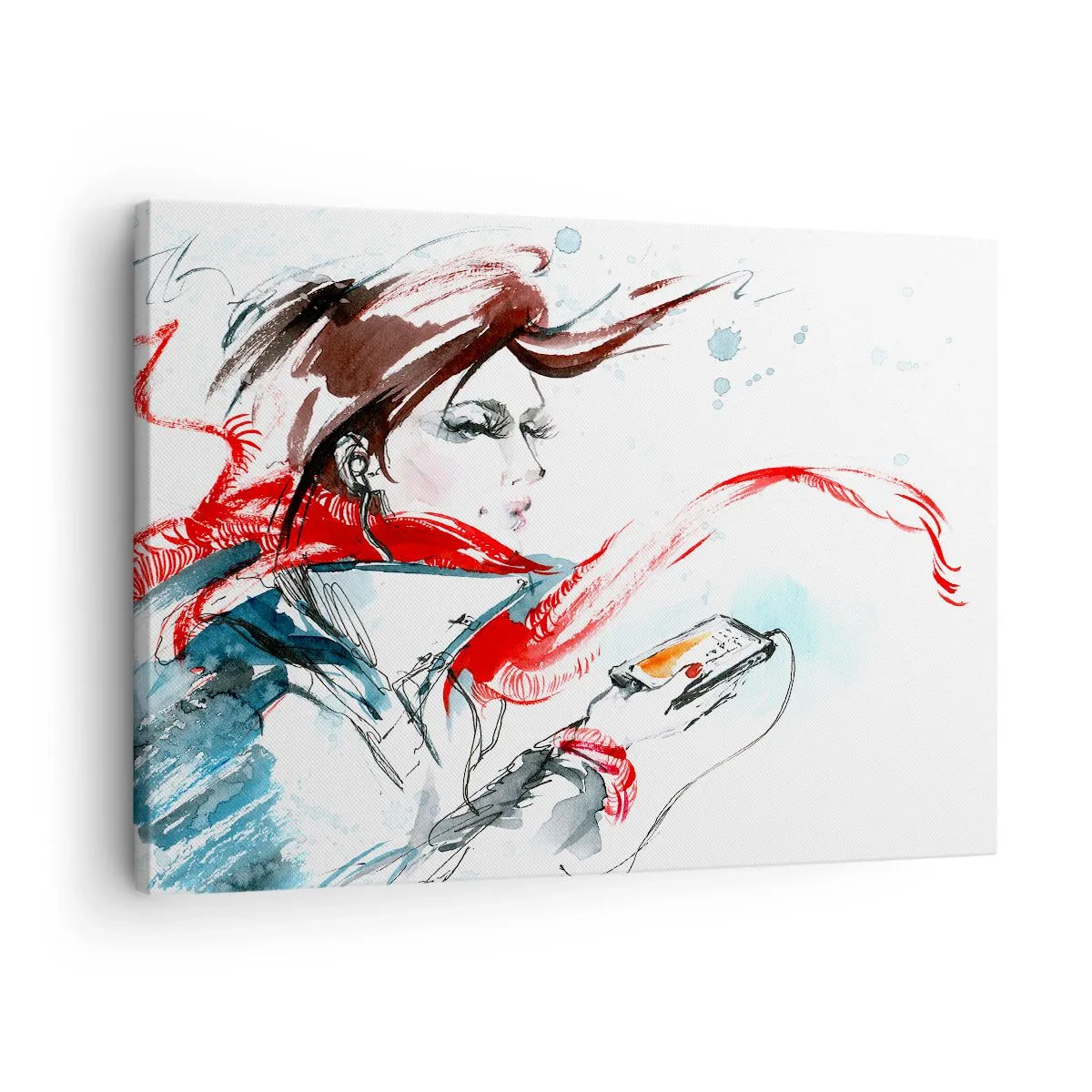 Cuadro sobre lienzo - Impresión de Imagen - Una mujer con un pañuelo rojo con pinceladas dinámicas de acuarela. - 70x50cm - Algo suena dentro de mí - Decoración de pared moderna para salón y dormitorio ARTTOR
