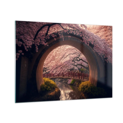 Cuadro sobre vidrio - Impresiones sobre Vidrio - Cerezos en flor y un puente japonés vistos a través de la puerta redonda. - 70x50cm - Primavera japonesa - Decoración de pared moderna para salón y dormitorio ARTTOR