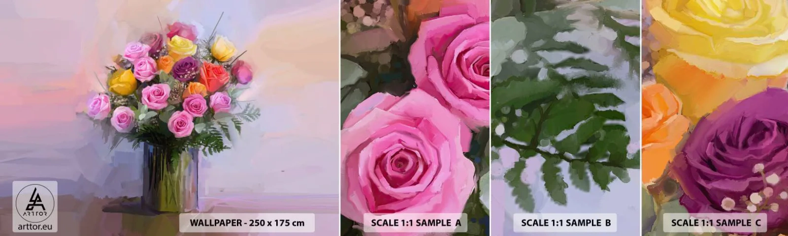 Muestra de fotomural autoadhesivo Deluxe Sticker - Belleza inmortalizada - Jarrón con flores, Ramo de flores, Pedazo - 100x30 cm