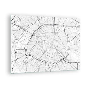 Cuadro sobre vidrio - Impresiones sobre Vidrio - Mapa de la ciudad en blanco y negro con cuadrícula de calles y arterias circulares - 70x50cm - Flor de París - Decoración de pared moderna para salón y dormitorio ARTTOR