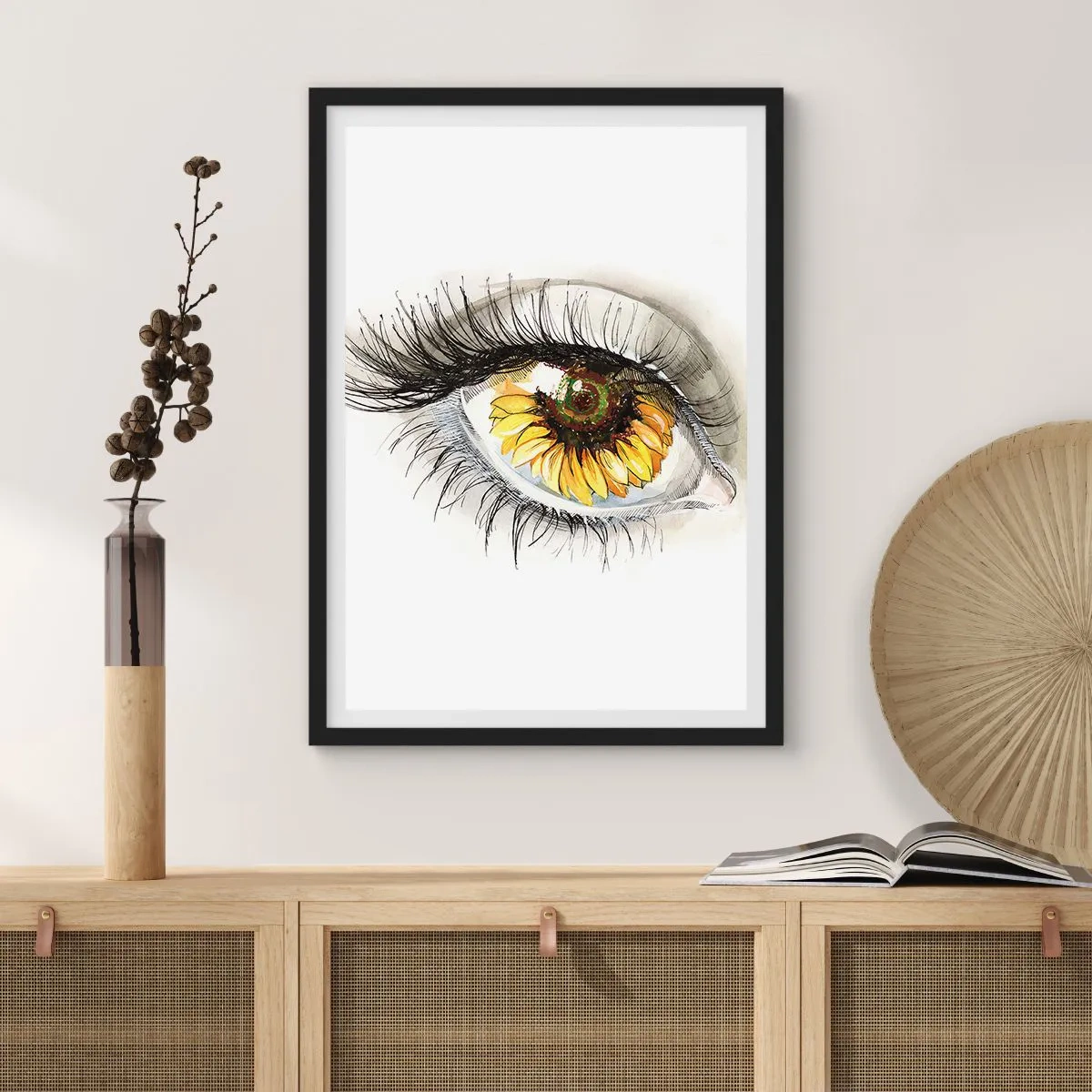 Póster en marco negro - Un ojo con una flor de girasol amarilla en la pupila. - 50x70cm - Un aspecto tan caluroso como el verano - Decoración de pared moderna para salón y dormitorio ARTTOR