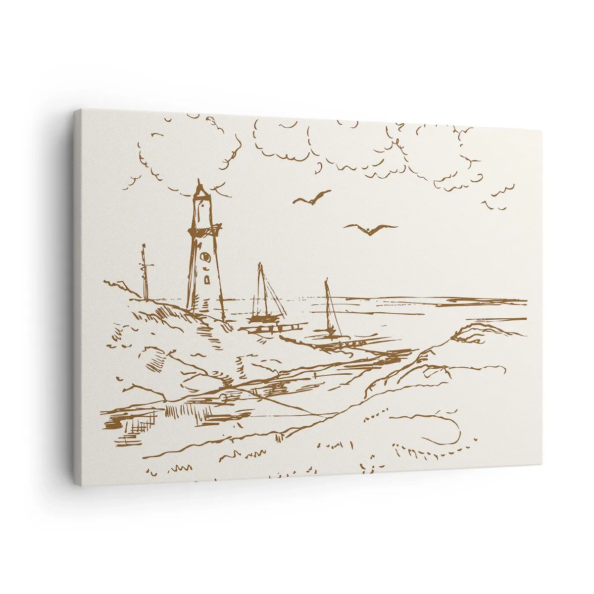 Cuadro sobre lienzo - Impresión de Imagen - Boceto de un faro con vistas al mar - 70x50cm - Un esbozo de un recuerdo de verano - Decoración de pared moderna para salón y dormitorio ARTTOR