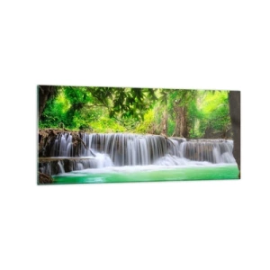 Cuadro sobre vidrio - Impresiones sobre Vidrio - Una cascada verde rodeada de densa vegetación tropical. - 120x50cm - Cascada en verde - Decoración de pared moderna para salón y dormitorio ARTTOR