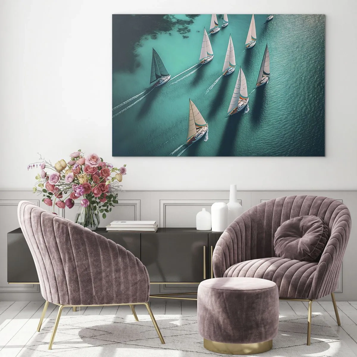 Cuadro sobre vidrio - Impresiones sobre Vidrio - Veleros en aguas turquesas capturados a vista de pájaro - 70x50cm - En competición con el viento - Decoración de pared moderna para salón y dormitorio ARTTOR