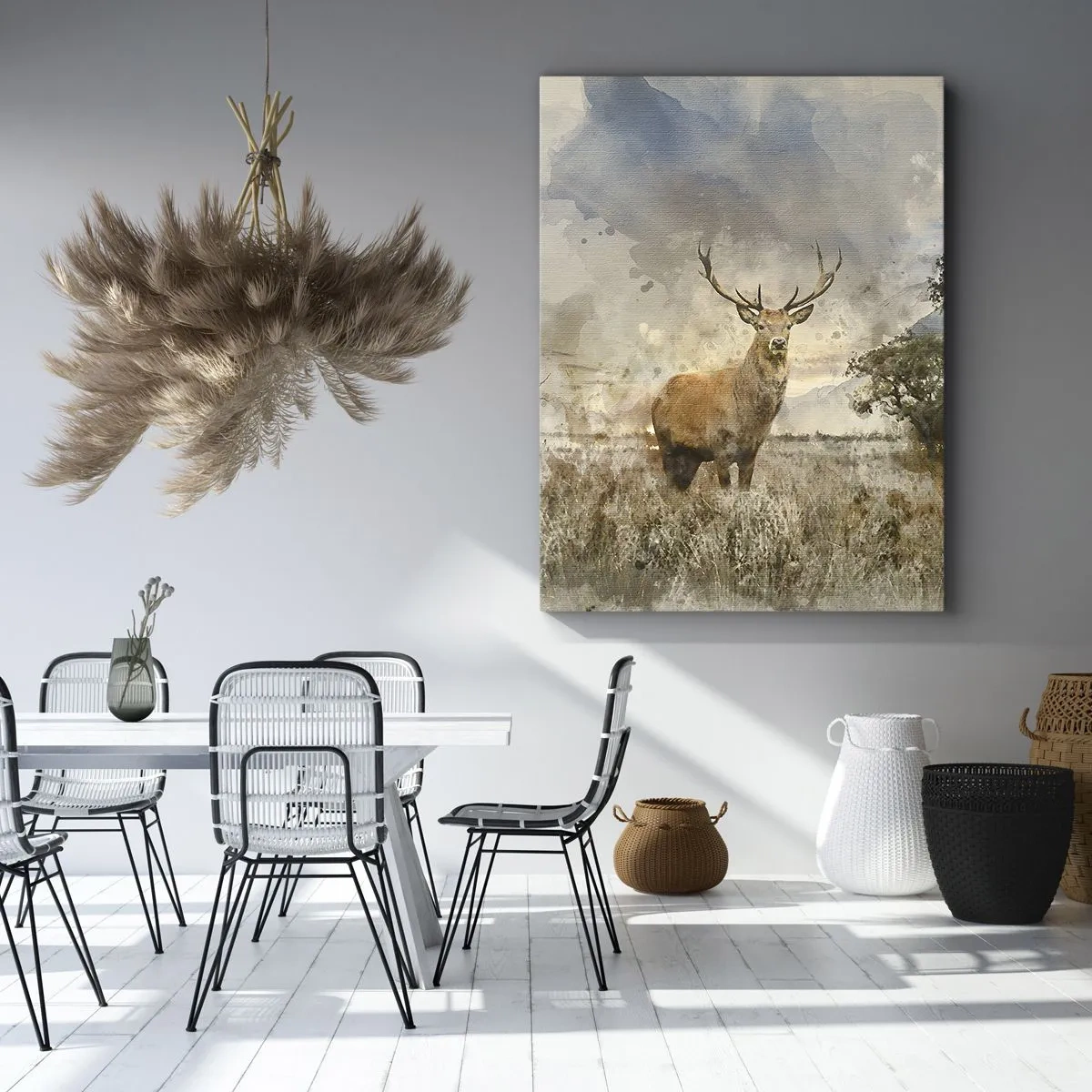 Cuadro sobre lienzo - Impresión de Imagen - Un ciervo en un entorno natural en estilo acuarela. - 50x70cm - Dignidad - fuerza - encanto - Decoración de pared moderna para salón y dormitorio ARTTOR