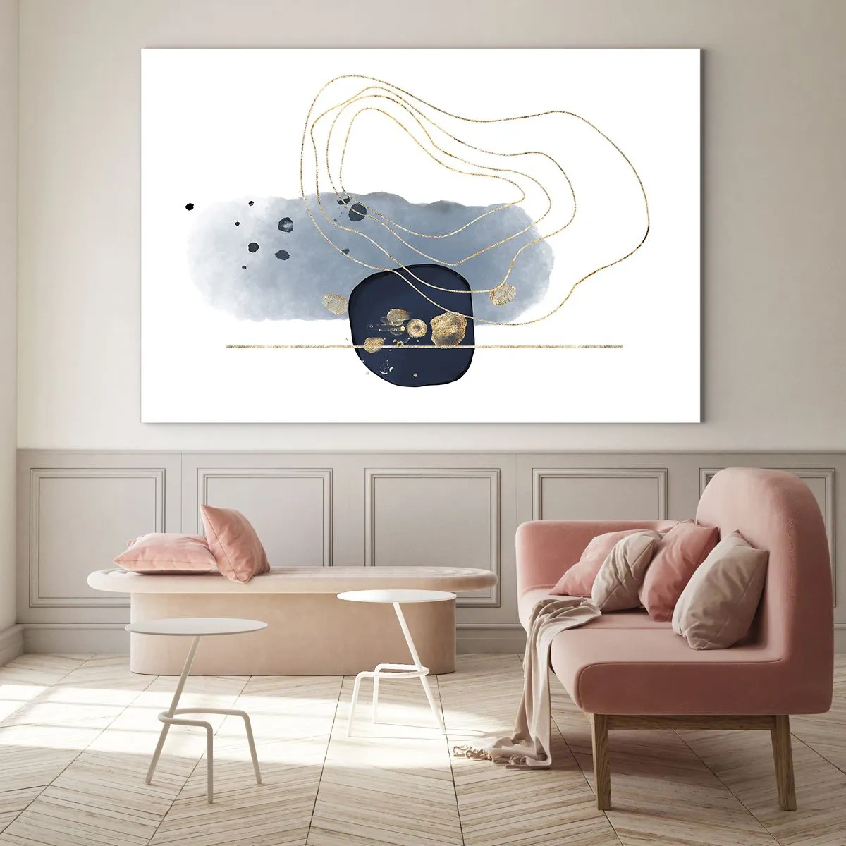 Cuadro sobre vidrio - Impresiones sobre Vidrio - Composición abstracta en tonos azules y dorados. - 70x50cm - Fantasía azul y oro - Decoración de pared moderna para salón y dormitorio ARTTOR