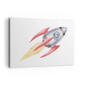 Cuadro sobre lienzo - Impresión de Imagen - Cohete en estilo acuarela sobre fondo blanco. - 120x80cm - Más alto, más rápido, más lejos - Decoración de pared moderna para salón y dormitorio ARTTOR