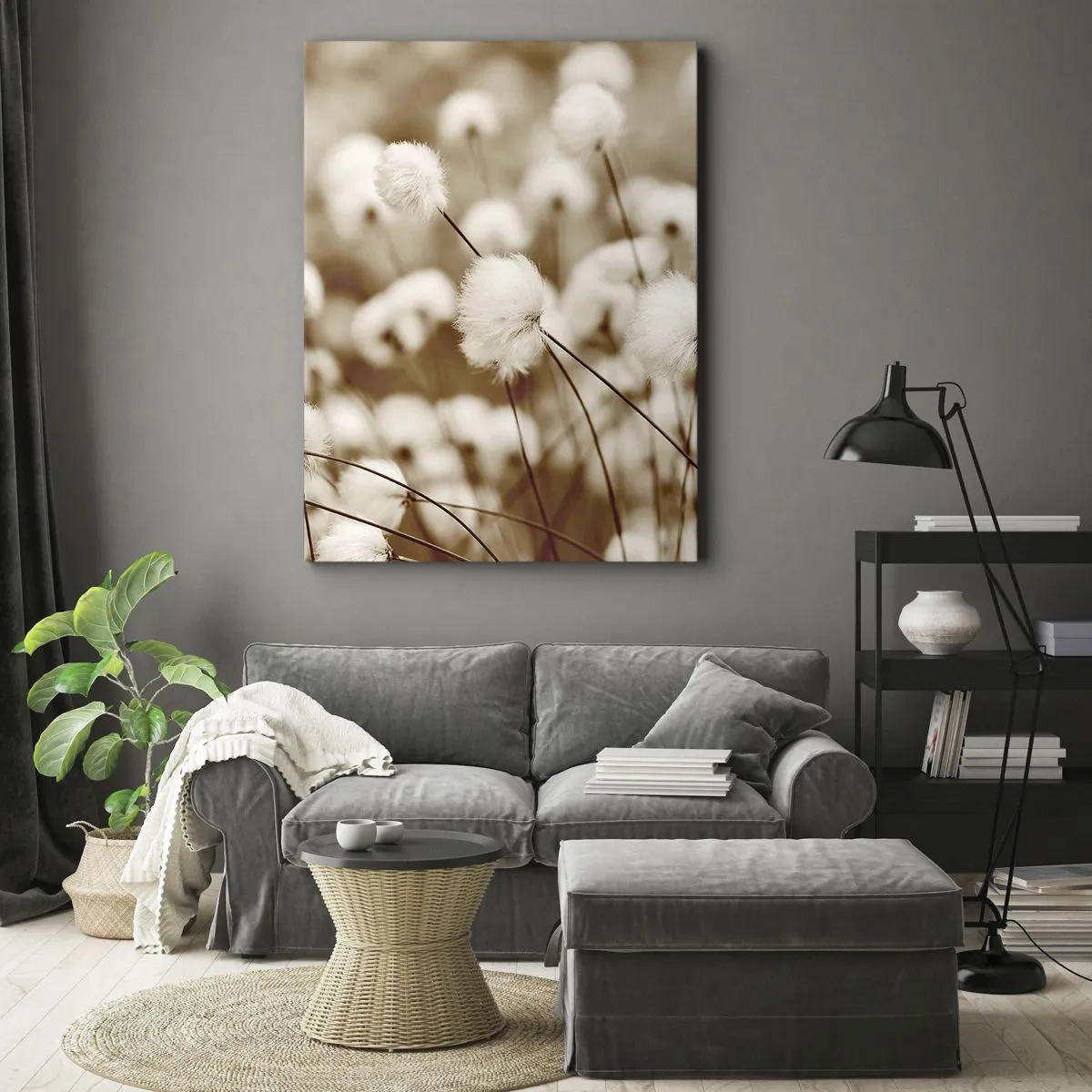 Cuadro sobre lienzo - Impresión de Imagen - Un campo de delicadas plantas en tonos sepia. - 50x70cm - Un mullido colchón - Decoración de pared moderna para salón y dormitorio ARTTOR