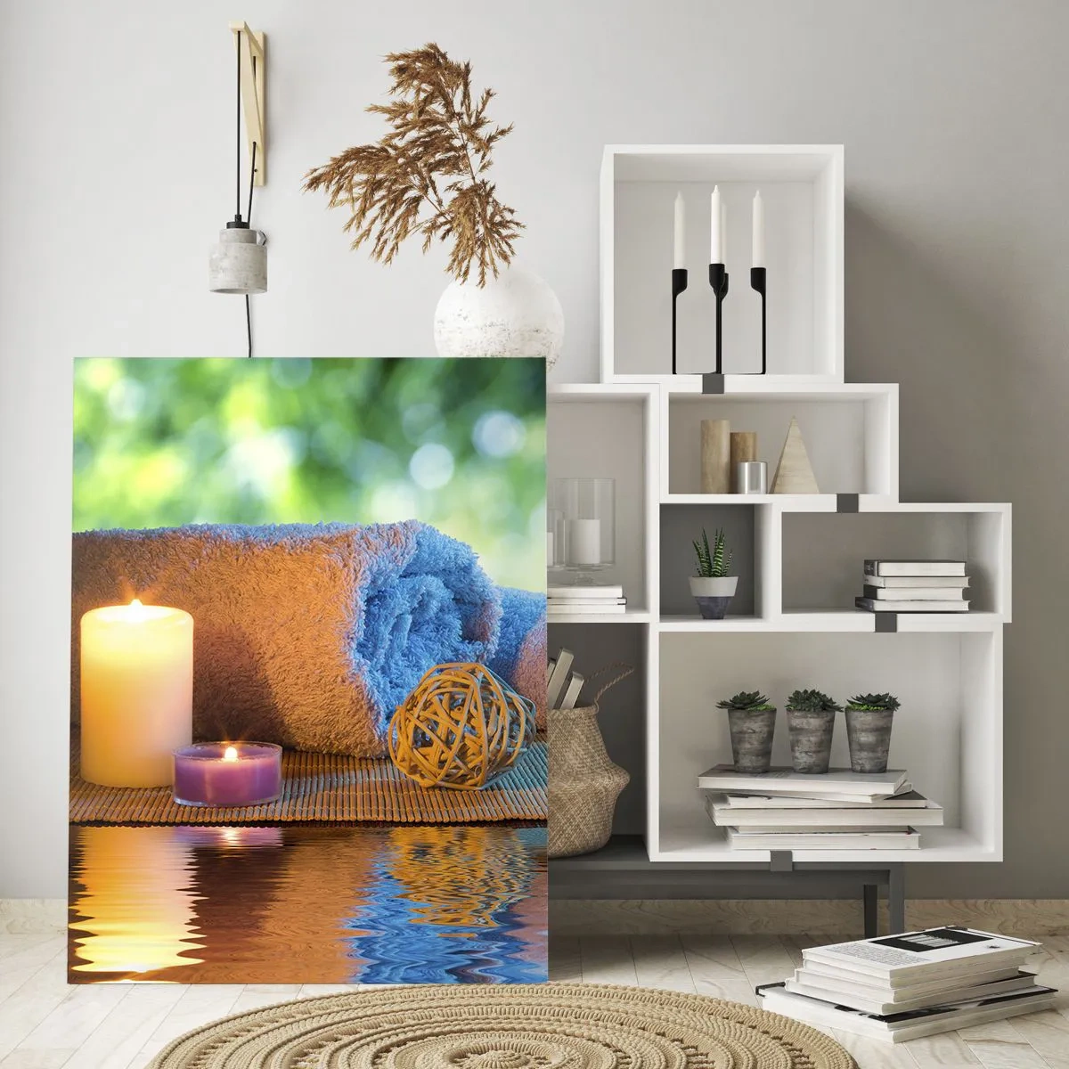 Cuadro sobre vidrio - Impresiones sobre Vidrio - Spa con toallas, velas y piedras con un fondo natural. - 50x70cm - Tiempo para el cuerpo - Decoración de pared moderna para salón y dormitorio ARTTOR