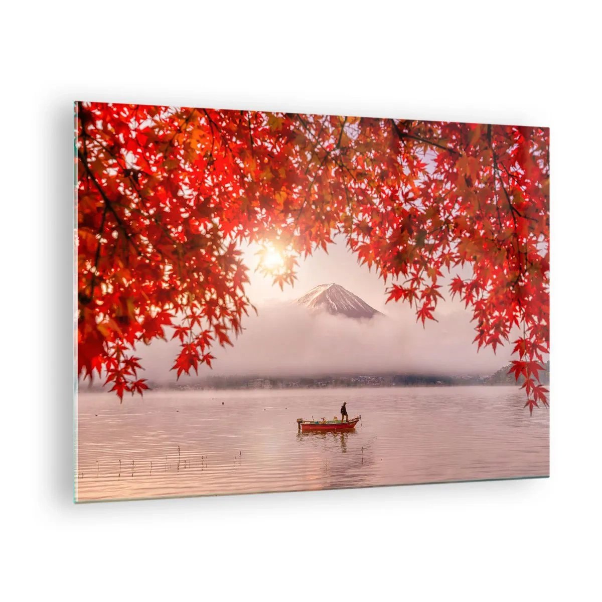 Cuadro sobre vidrio - Impresiones sobre Vidrio - Monte Fuji con un barco en un lago rodeado de hojas rojas - 70x50cm - Estilo japonés - Decoración de pared moderna para salón y dormitorio ARTTOR