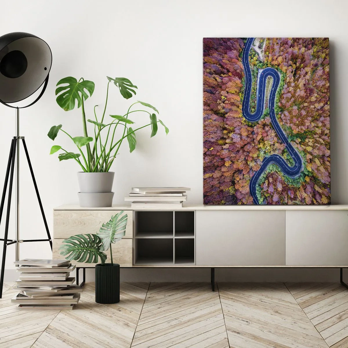 Cuadro sobre lienzo - Impresión de Imagen - Un camino sinuoso en un bosque otoñal visto a vista de pájaro - 80x120cm - Un camino sinuoso a través del bosque - Decoración de pared moderna para salón y dormitorio ARTTOR