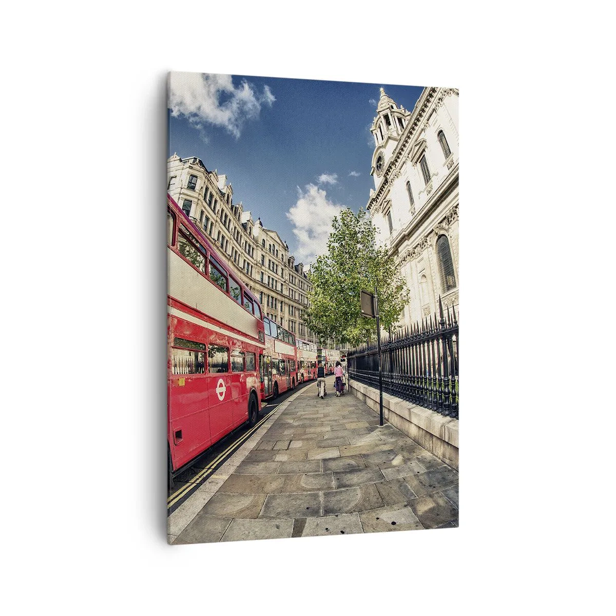 Cuadro sobre lienzo - Impresión de Imagen - Autobús rojo de dos pisos en Londres, cerca de la calle y la catedral. - 70x100cm - Una calle de Londres en gris y rojo - Decoración de pared moderna para salón y dormitorio ARTTOR