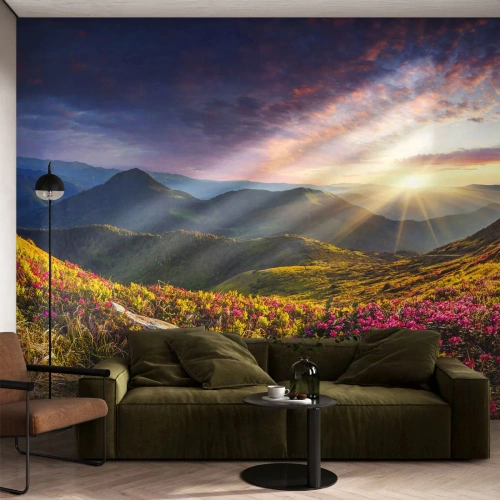 Fotomural Autadhesivo Deluxe Sticker - La frescura de una mañana de montaña - Paisaje, Montañas, flores - 100x70 cm